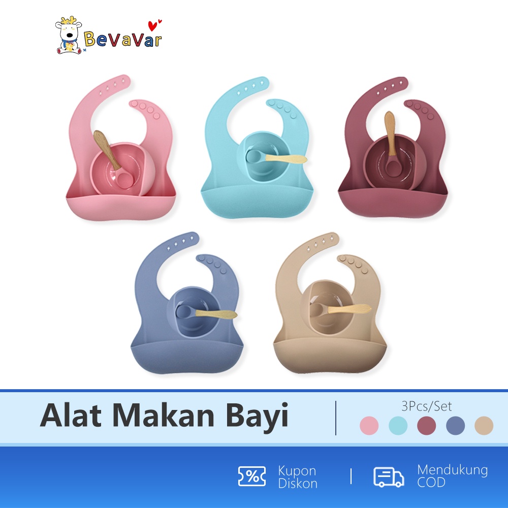 BEVAVAR 3 In 1 Alat Makan Anak Bayi Silikon Mangkuk Bayi Sendok Bayi Celemek Makan Bayi Silikon Waterproof