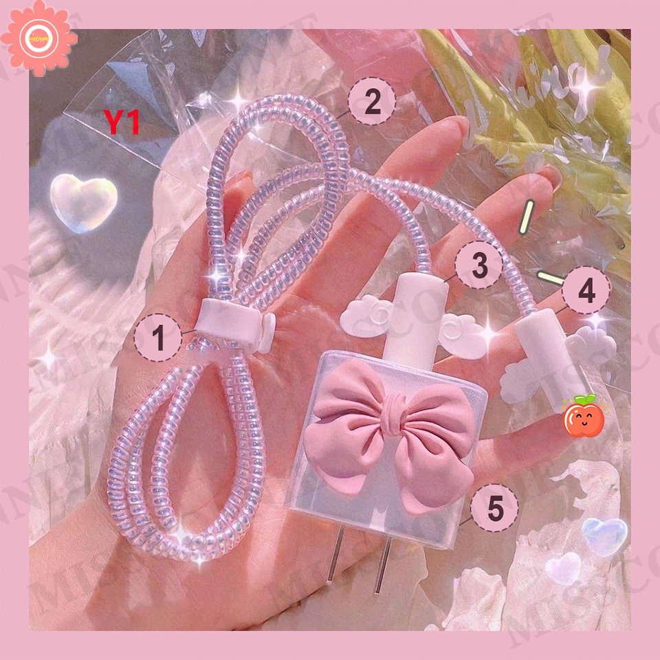 5in1 Lucu Kartun Pelindung Lengan Kabel Data Set Kompatibel Untuk Apple18/20W Adaptor Charger Case Dengan Pelindung Gigitan Kabel Kartun Smiley Pink Ungu Ikatan Simpul Lembut TPU Cover