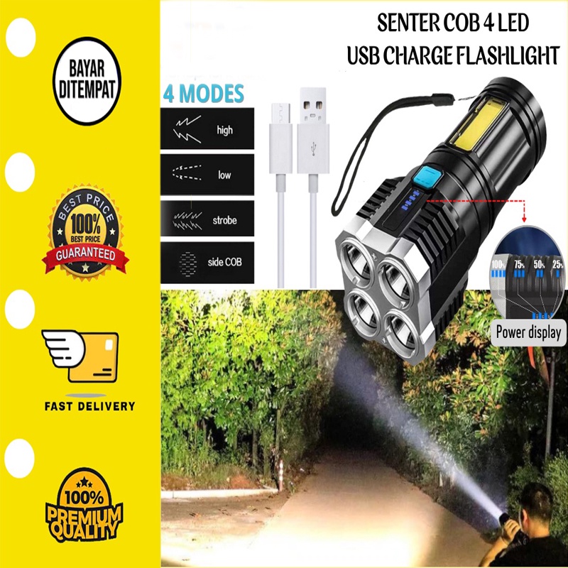 Senter 4 LED Super Terang COB Light 4 Mode Senter LED Jarak Jauh Lampu Penerangan Camping Piknik Haiking Swat Police Light Rechagerable