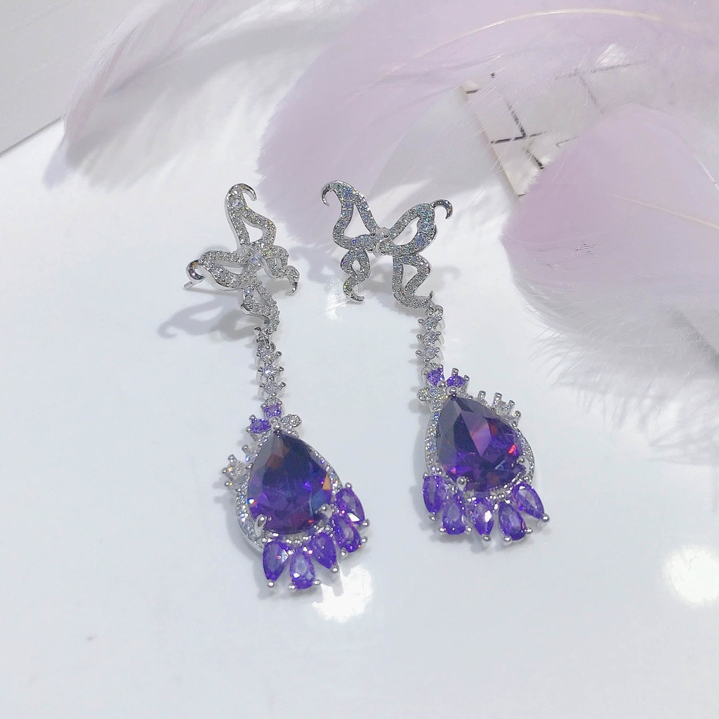 Goldkingdom Fashion Perhiasan Aksesoris Ready Stock Kupu-Kupu Stud Earrings Water Drop Pear Shaped Amethyst Zircon Anting Panjang Wanita