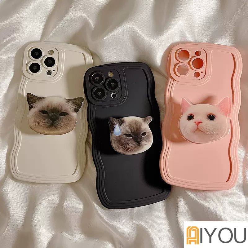 Casing Silikon Cair Lembut Gelombang Keriting Untuk iPhone 14 Pro Max13 12 Mini 11 Pro X XR XS Max7 8 Plus Cover Perlindungan Lensa INS Korea Lucu 3D Kucing Lucu Stand Griptok Support