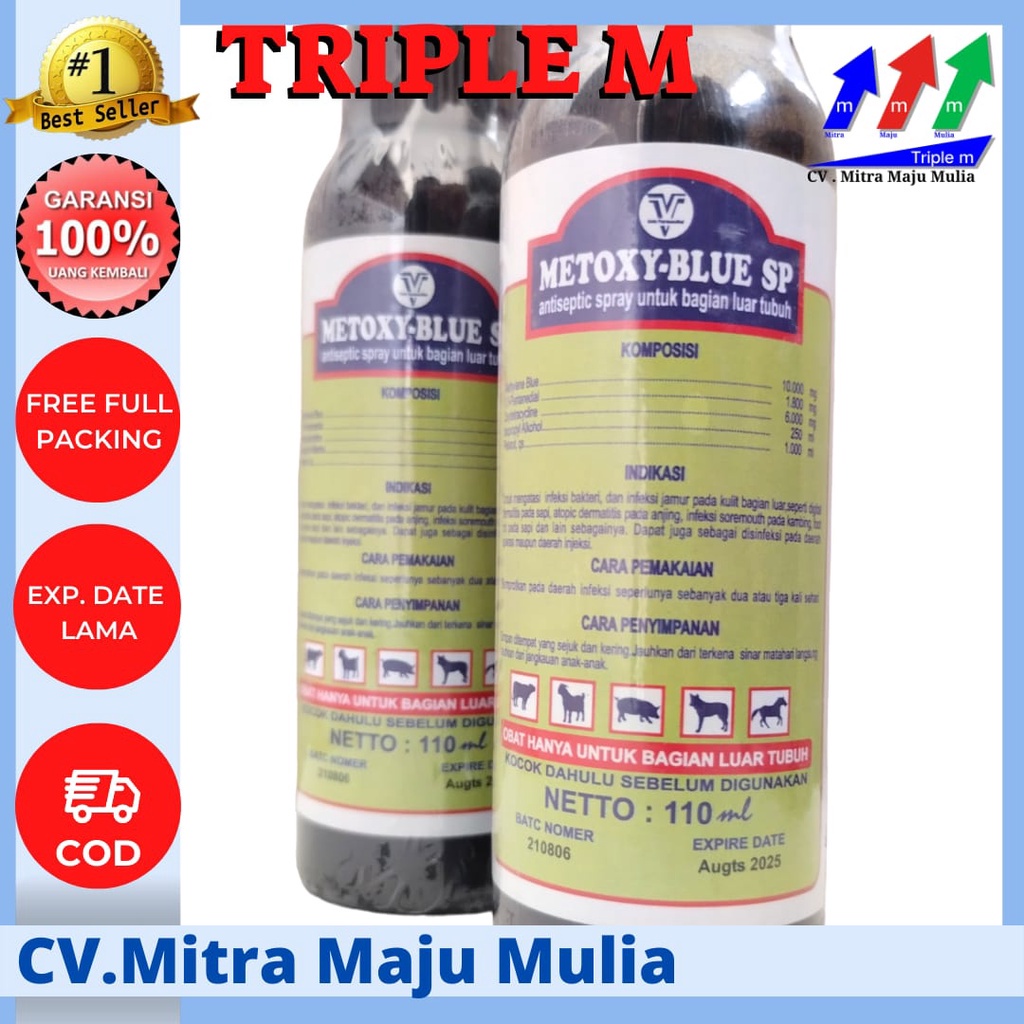 Metoxy Blue 110 ml dan 250 ml - Antiseptik Spray Luka &amp; Penyakit Mulut Kuku / PMK TRIPLE M