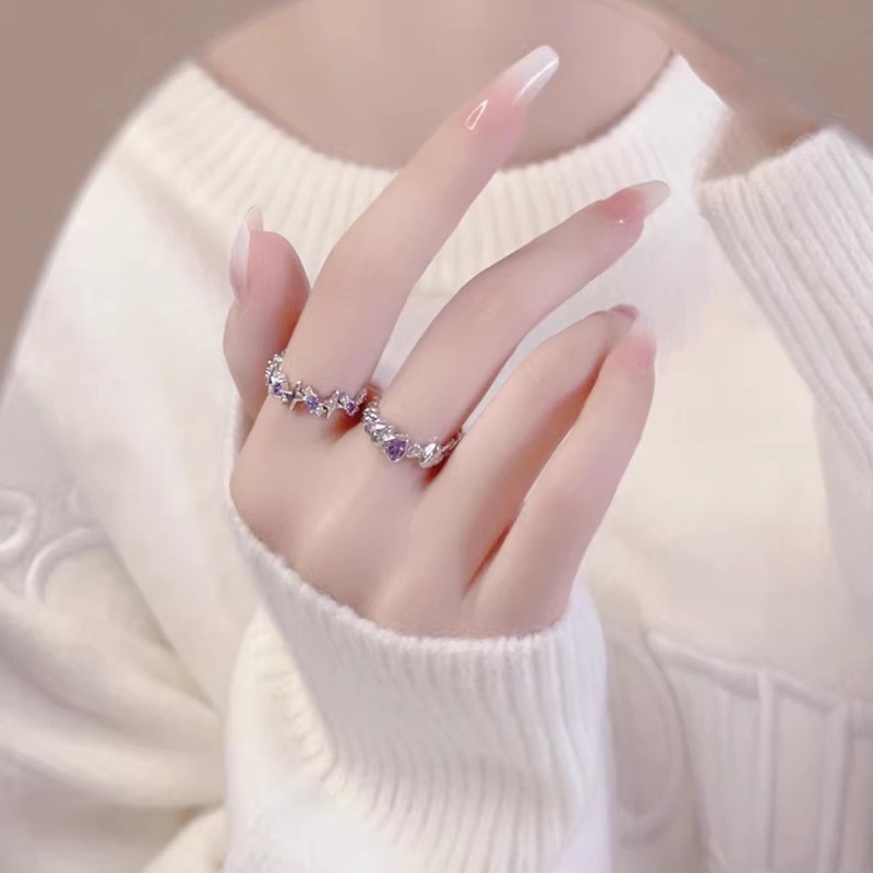 2pcs Set Cincin Kristal Zirkon Ungu Bentuk Hati Yang Indah Untuk Wanita Bintang Pembukaan Rings Perhiasan Hadiah Romantis