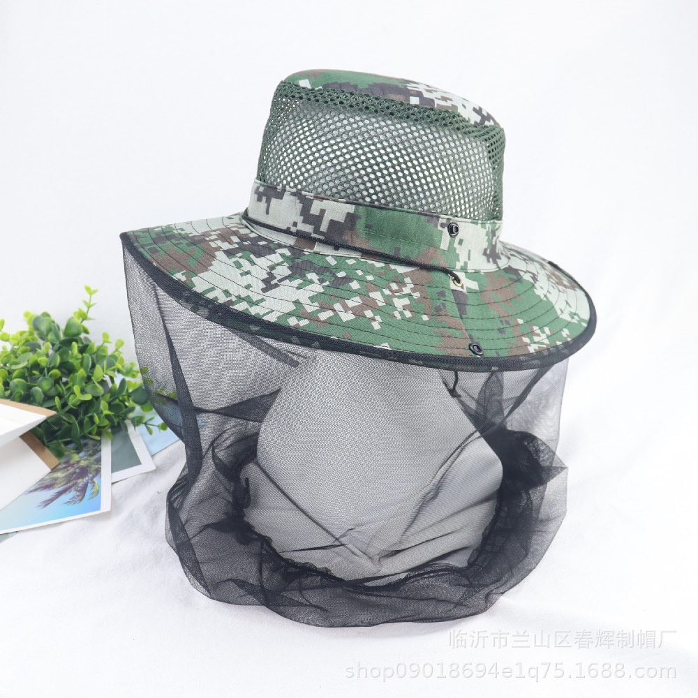 Musim Panas Kamuflase Kerai outdoor Serangga Bukti mesh Masker mesh top Bernapas fisherman hat