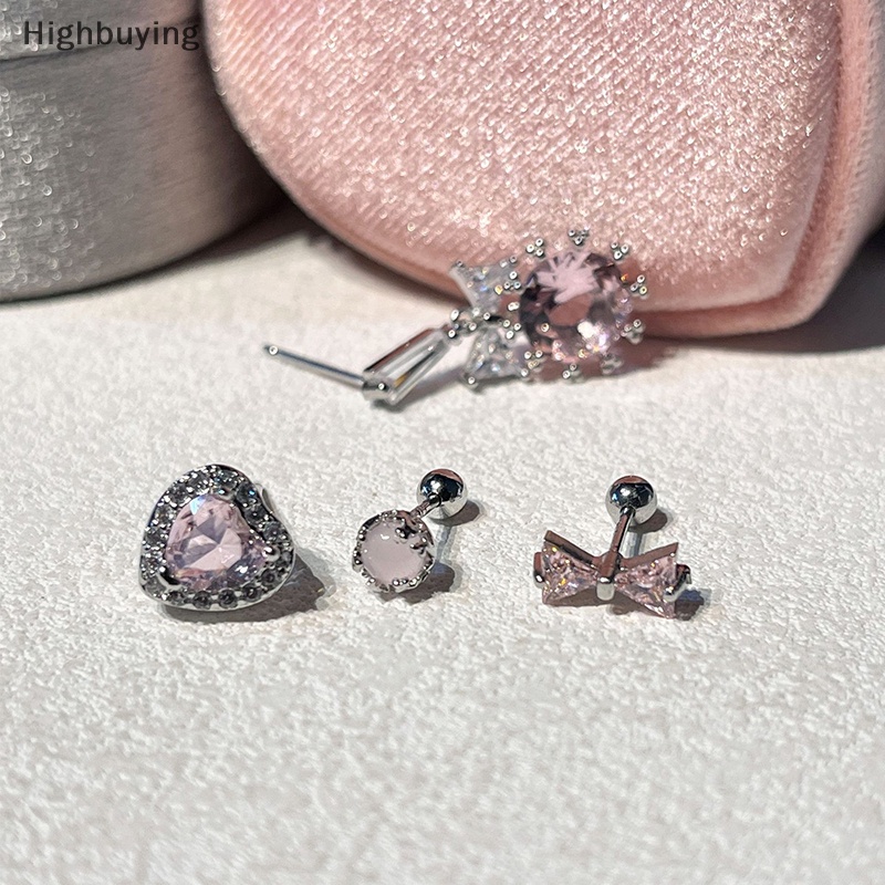 Hbid Baru Trendi Cinta Hati Busur Rumbai Zirkon Tulang Telinga Anting Kuku Lucu Manis Pink Tulang Rawan Stud Earrings Untuk Wanita Perempuan Perhiasan Glory