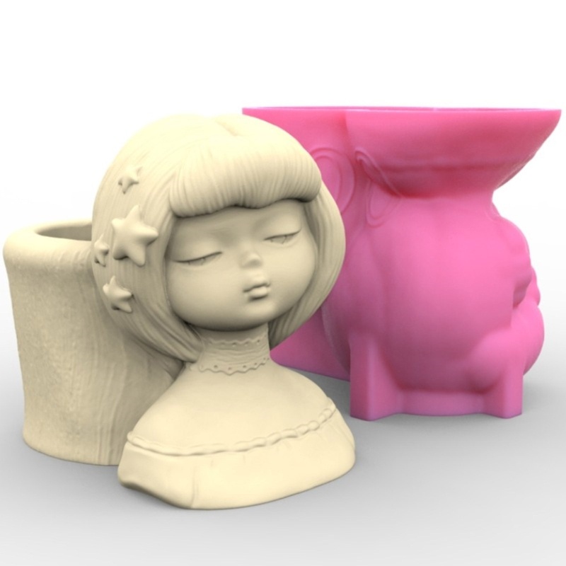 Siy Cetakan Silikon Gadis Rambut Pendek Flower Girl Planter Mold Cetakan Resin Pot Bunga