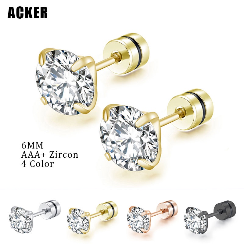 [ACKER] 6mm 1pasang 925silver Titanium Stainless Cubic Zirconia Diamond AAA+ Anting Tusuk Zircon Untuk Wanita /Pria