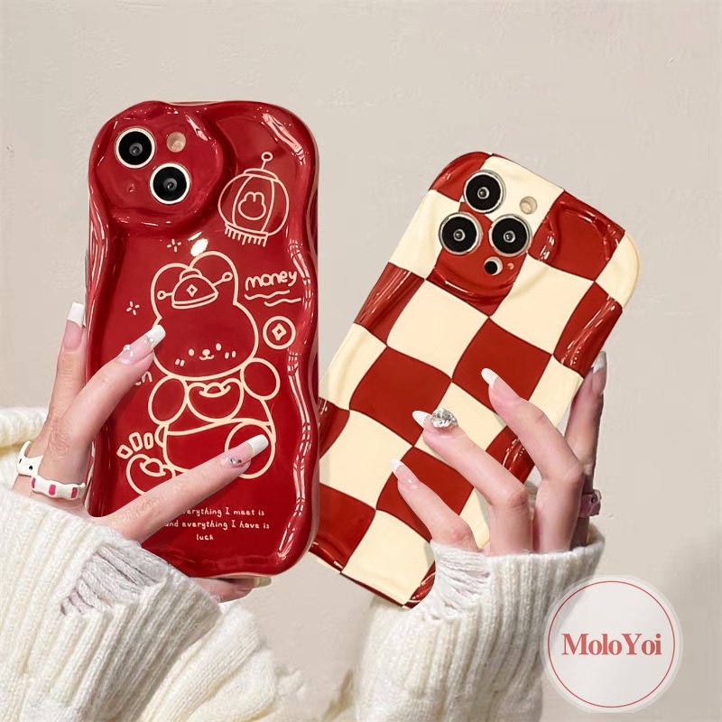 Soft Case 3D Wavy Curved Edge Kompatibel Untuk IPhone XR XS X Max11 14 13 12 Pro Max8 6s 6 7 Plus SE 2020 Checkerboard Kartun Merah Perayaan Tahun Baru Kelinci Lucu Cover