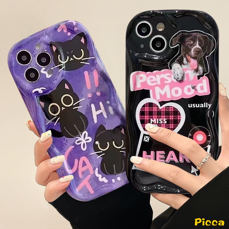 IPHONE Trendy Keren Kartun Kucing Anjing Lucu Love Heart Letter Case Kompatibel Untuk Iphone11 14 12 13 Pro Max XR 7Plus 6s 6 7 8 Plus X XS Max SE 2020 3D Wavy Curved Edge Soft Cover