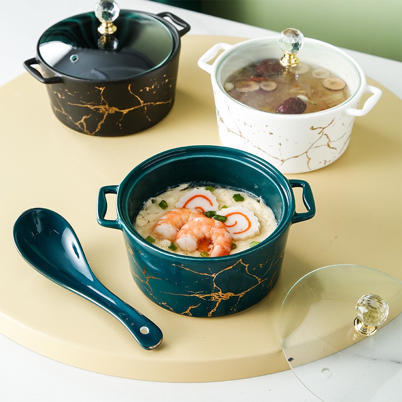 Mangkuk Soup Keramik dengan Tutup Japenese Series Corak Marble Gold Elegant/ Mangkuk Saji Kecil Eleg