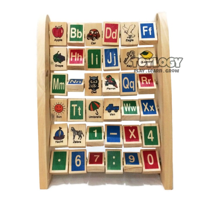 Mainan Kayu Edukasi Anak Huruf Alphabet Angka Berdiri Balok Abjad Papan Belajar Wooden Montessori