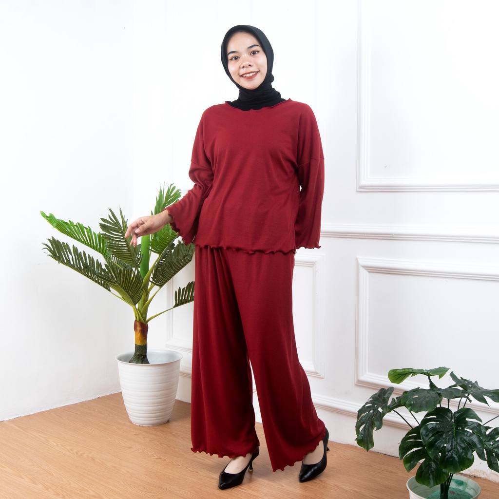 BEFAST - ZNF OOTD WANITA ONESET LINA / LOREN ONE SET KNIT / Set Atasan Lengan Panjang+Celana Kulot Panjang / Pakaian Casual Wanita Terbaru / Outfit Daily Wanita Hijab / Fashion kekinian Remaja ABG / Oneset Polos Terlaris