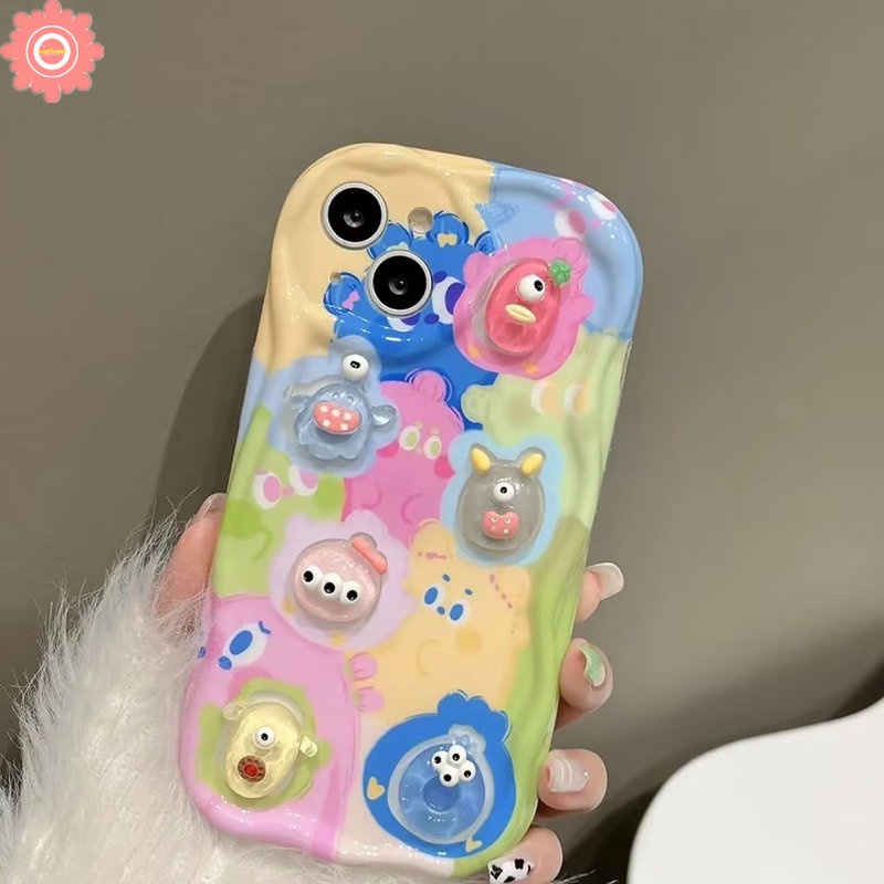 IPHONE Kartun DIY Boneka Lucu Beruang Monster Bintang Kelinci Pelangi Casing Ponsel Kompatibel Untuk Iphone11 7 8 Plus XR 14 13 12 11 Pro Max 6 6s X XS Max SE 3D Wavy Curved Edge Soft Glossy Cover