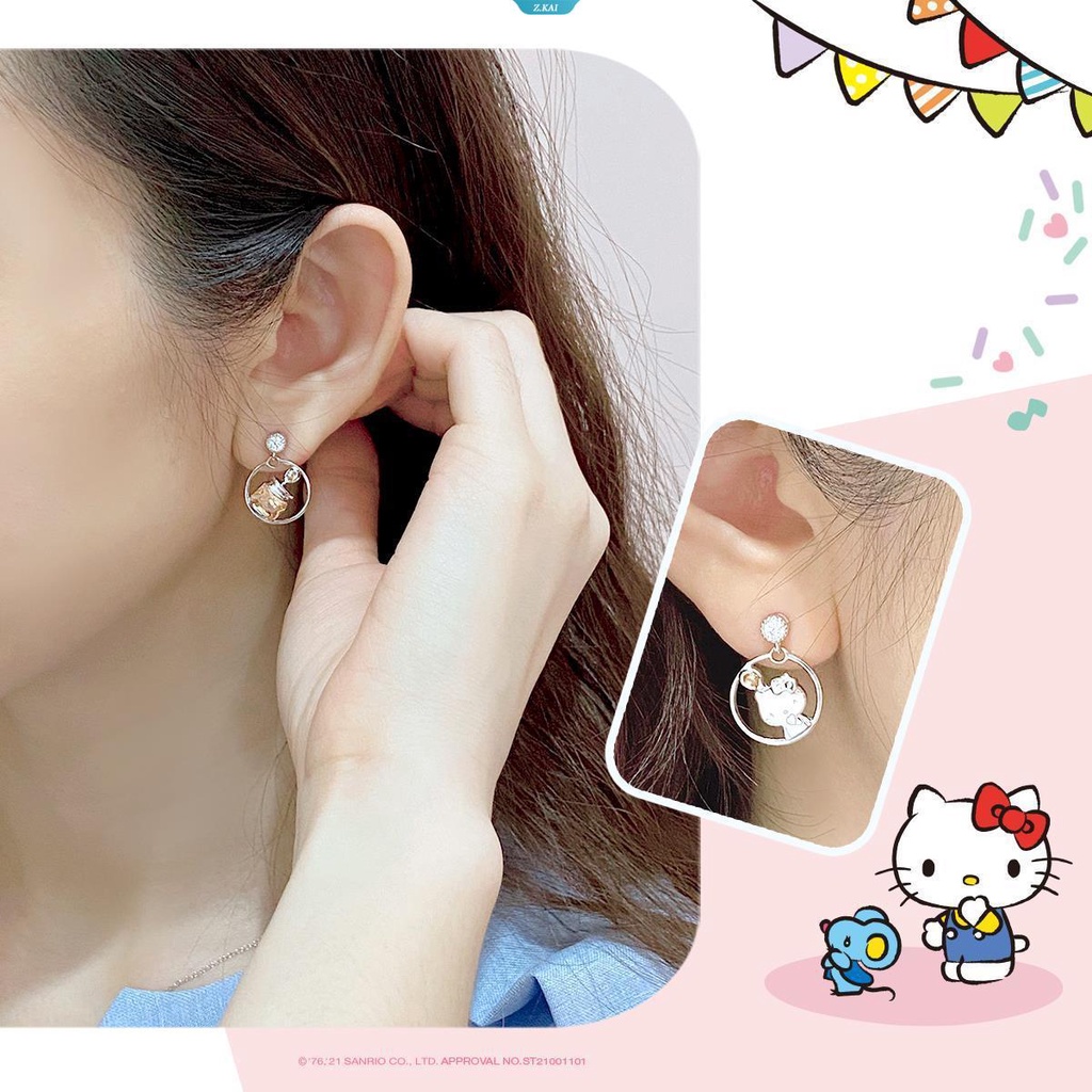 Sanrio Kawaii Fantasy Paradise Hello Kitty Jam Kristal925Perak Anting Stud Earrings Kwaii Perhiasan Hadiah Ulang Tahun Gadis Anting [ZK]