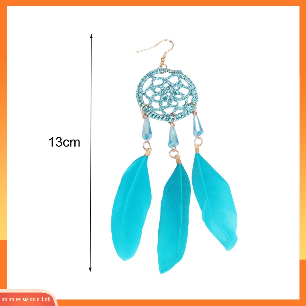 [ONE] 1pasang Anting Kait Gaya Etnik Geometris Buatan Tangan Liontin Temperamen Dekorasi Aksesori Dreamcatcher Vintage Boho Buatan Bulu Rumbai Anting Aksesoris