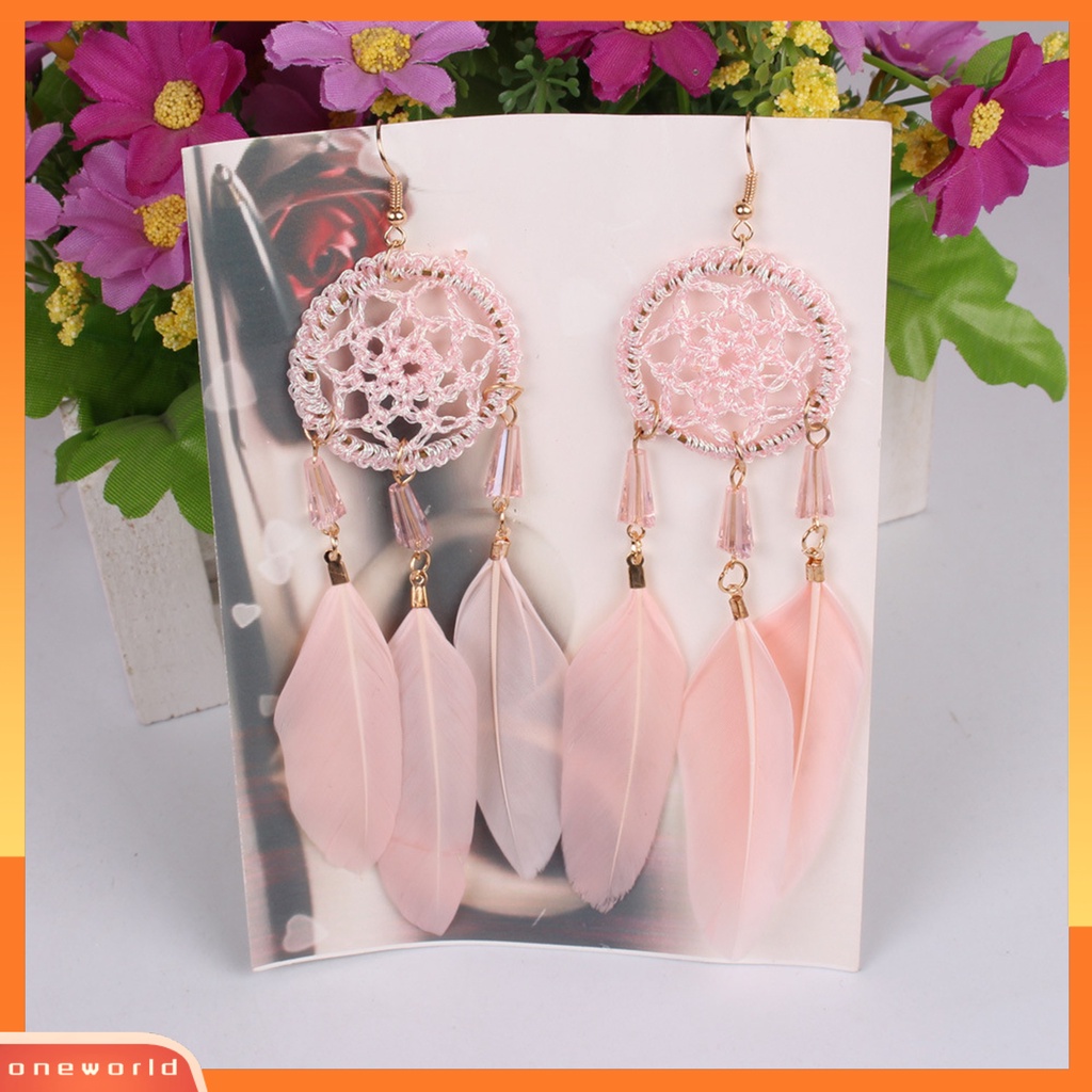 [ONE] 1pasang Anting Kait Gaya Etnik Geometris Buatan Tangan Liontin Temperamen Dekorasi Aksesori Dreamcatcher Vintage Boho Buatan Bulu Rumbai Anting Aksesoris