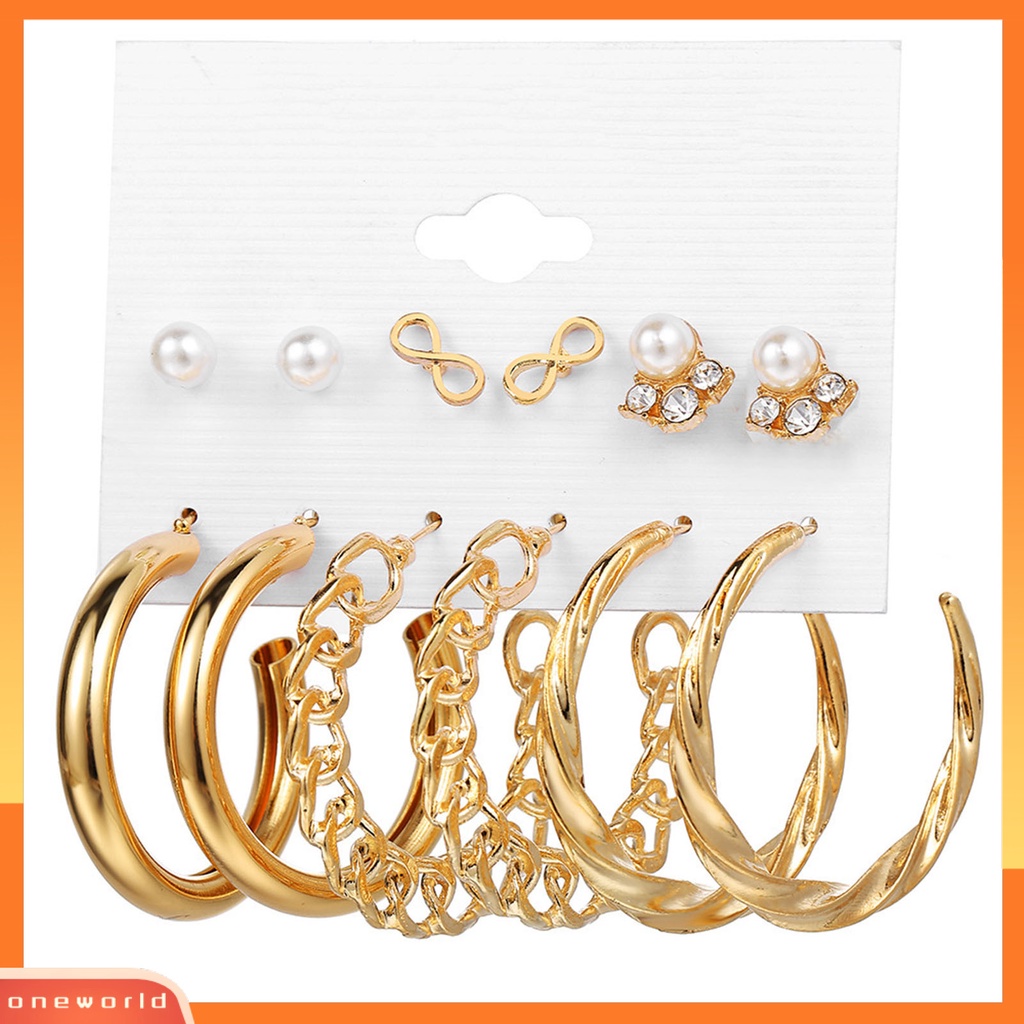 [ONE] 6pasang Anting Hoop Besar Mewah Elegan Mutiara Imitasi Emas Wanita Anting Set Aksesoris Fashion Hadiah