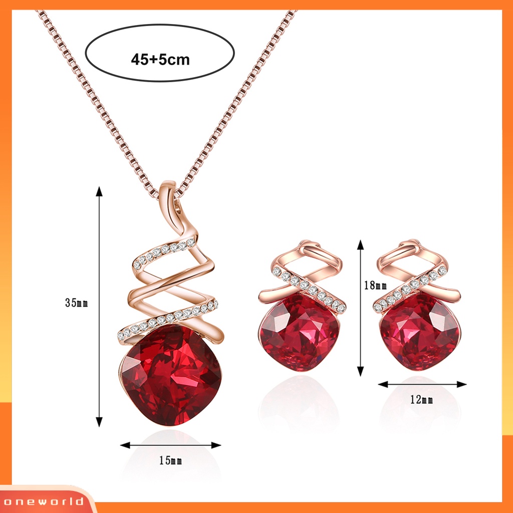 [ONE] 1set Wanita Kalung Geometris Cubic Zirconia Memutar Elegan Merah Persegi Berlian Imitasi Bertatahkan Stud Earrings Kit Fashion Perhiasan