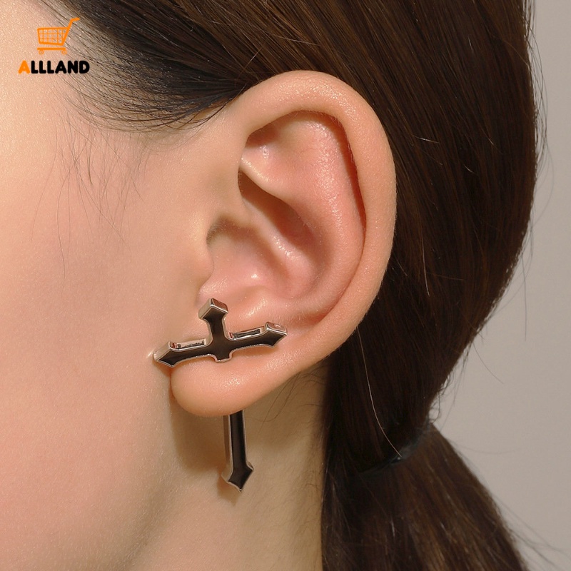 Fashion Gothic Punk Stud Cross Alloy Earrings/Wanita Tren Kepribadian Salib Rantai Anting/INS Minimalis Telinga Perhiasan Aksesoris