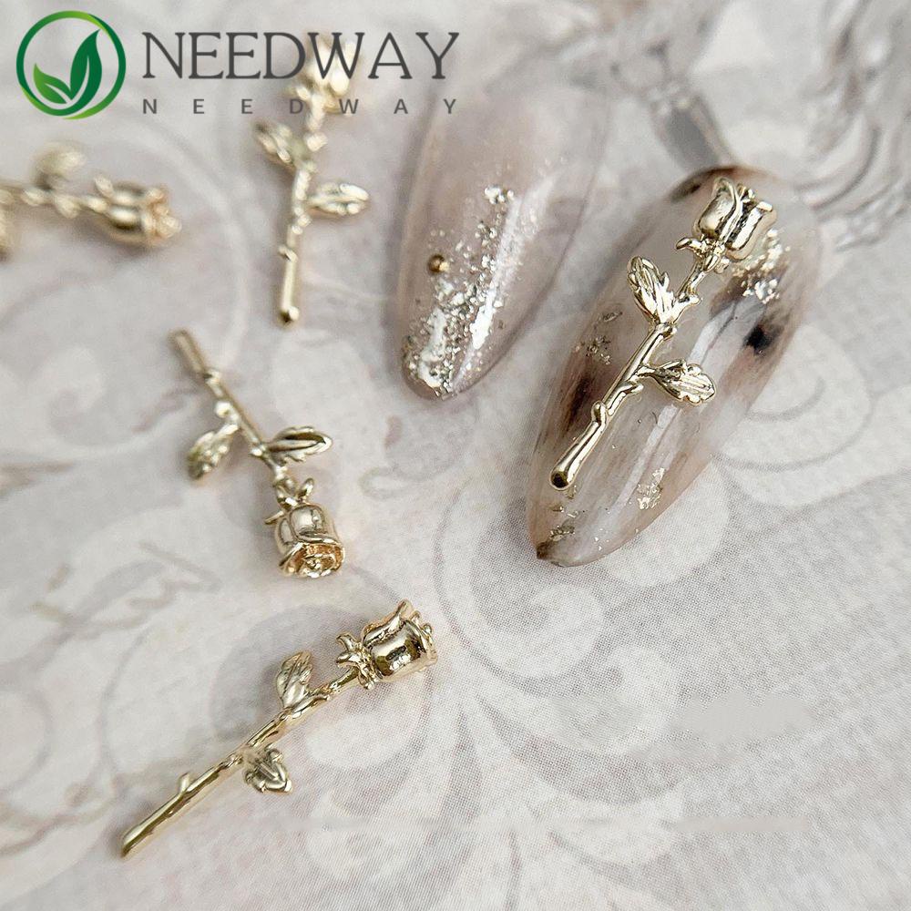 Needway  Kuku Bunga Dekorasi Logam 5pcs Perak Glitter Diy Nail Art Perhiasan Floral 3D Manicure Accessoires