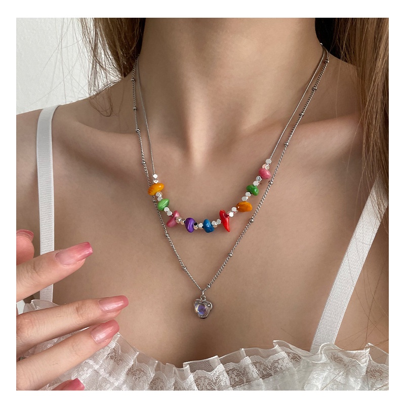 Indah Hati Liontin Double Layer Manik-Manik Warna-Warni Kalung Wanita Gadis Manis Keren Kerah Rantai Perhiasan