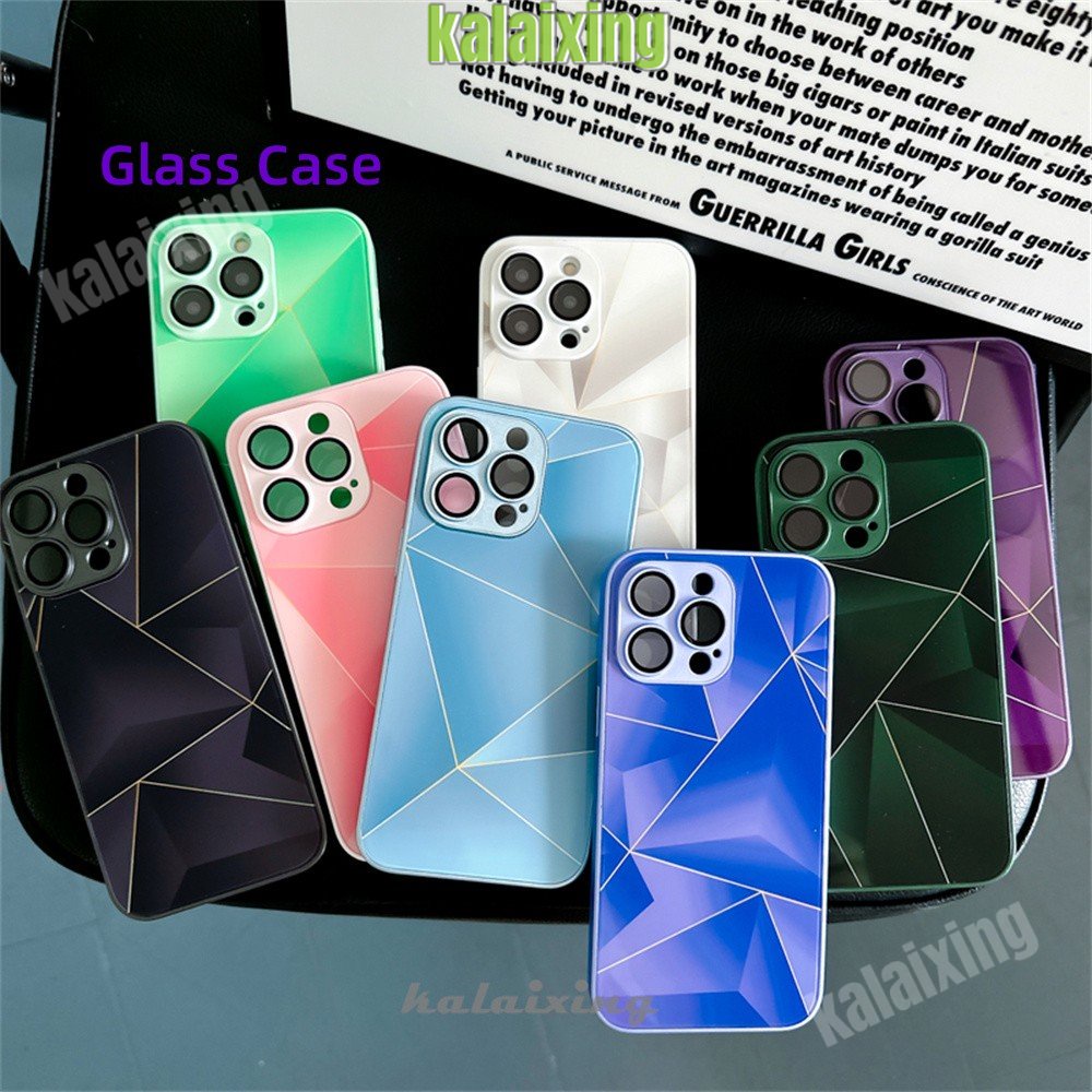 Casing Hp Kaca Untuk iPhone 14 Pro Max 14Pro 13 Pro Max Tepi Lembut Motif Geometri Hard Back Cover