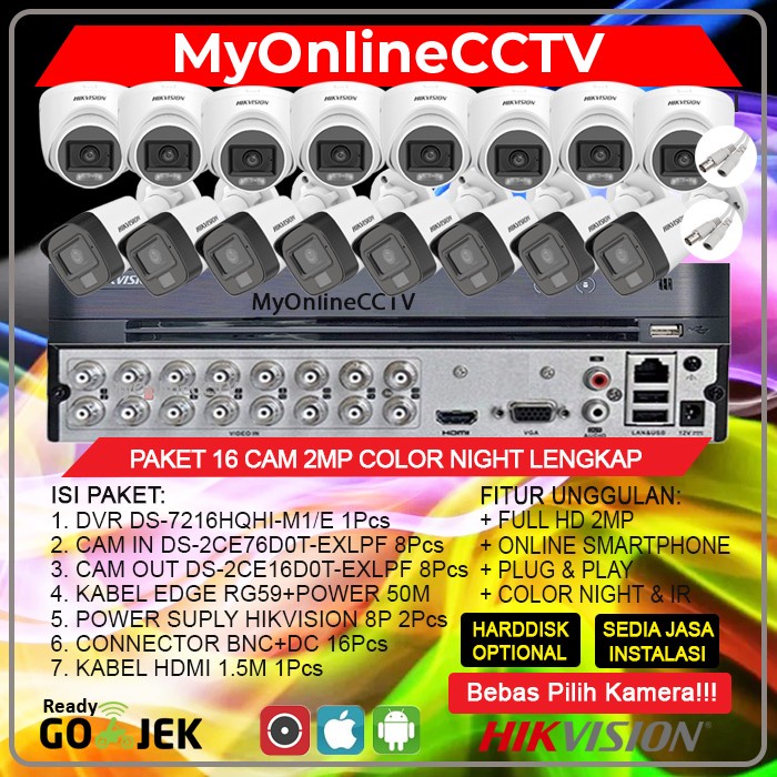 PAKET CCTV HIKVISION 16 CHANNEL KAMERA 2MP COLORVU