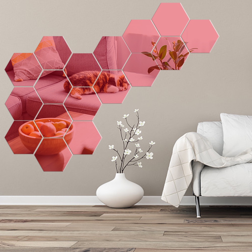 [Grosir] Removable DIY Dekorasi Rumah/Perekat Diri Geometris Cermin Stiker Dinding/Mosaic Tiles Art Decals Mirror Sticker/Colorful 3D Hexagon Acrylic Mirror Wall Stickers