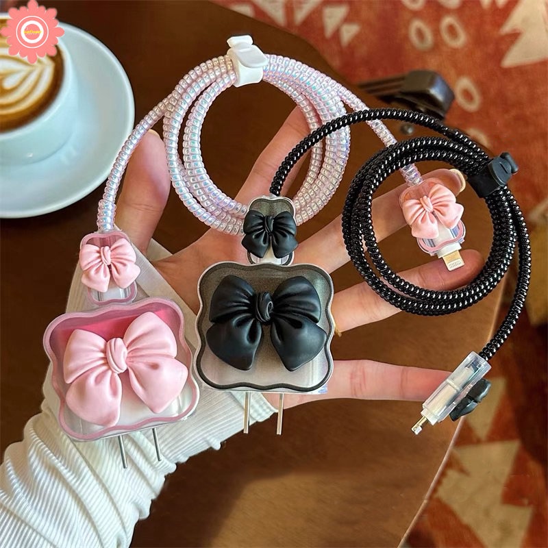 3d Macaron Warna Permen Manis Busur Charger Pelindung Charger Perlindungan Set Untuk iP 18/20W Charger Case USB Cable Bite Protector Cover