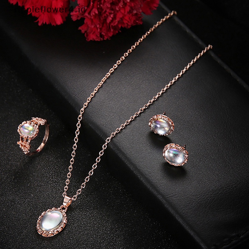 {rippleflower4.id} Aurora Oval Zirkon Kalung Anting Cincin Set Perhiasan Wanita Romantis Lapis Emas Imitasi Opal Hadiah Aksesoris~