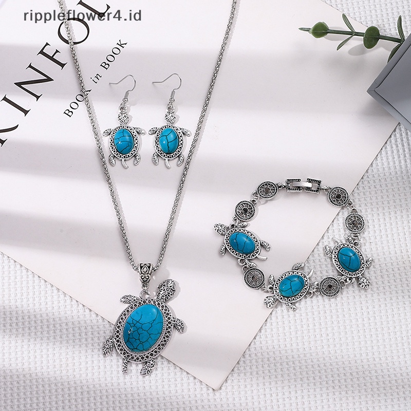 {rippleflower4.id} 3pcs /Set Fashion Turquoise Turtle Set Untuk Wanita Perhiasan Vintage Kalung Gelang Anting Set Pesta Pernikahan Hadiah Perhiasan~