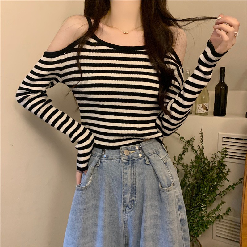 Kekinian Atasan Wanita Off-Shoulder Lengan Panjang Korean Rajut Top