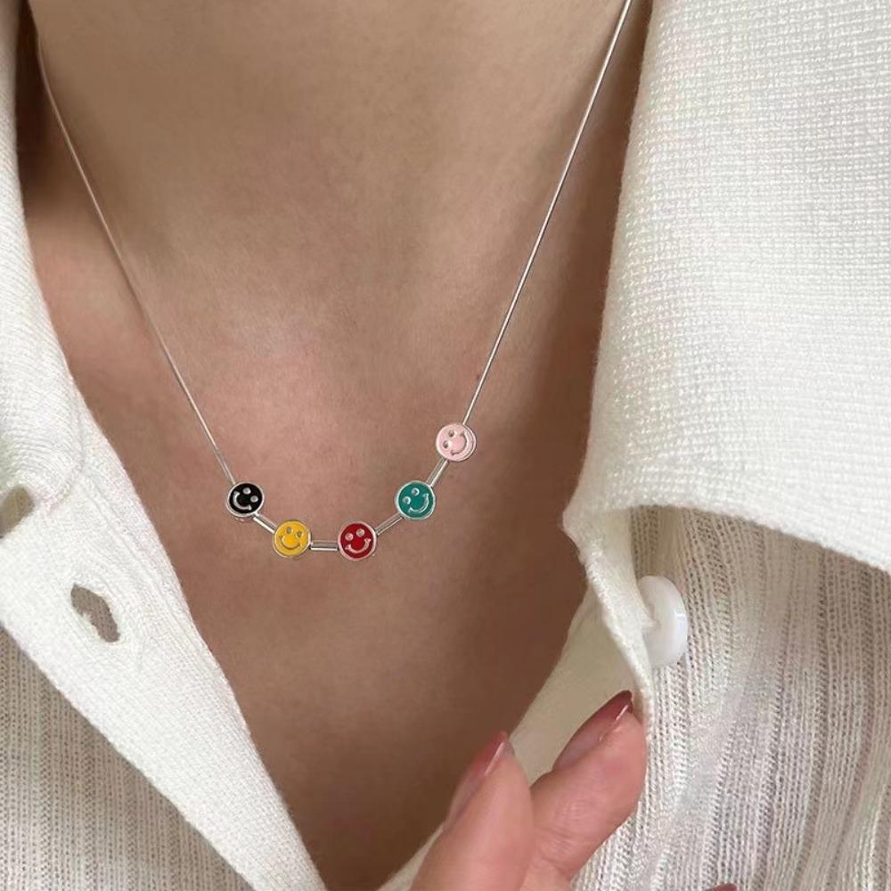 Mxbeauty Smiley Face Kalung Kepribadian Candy Color Way Dripping Oil Color Blocking Hadiah Wanita Alloy Stamp Necklace