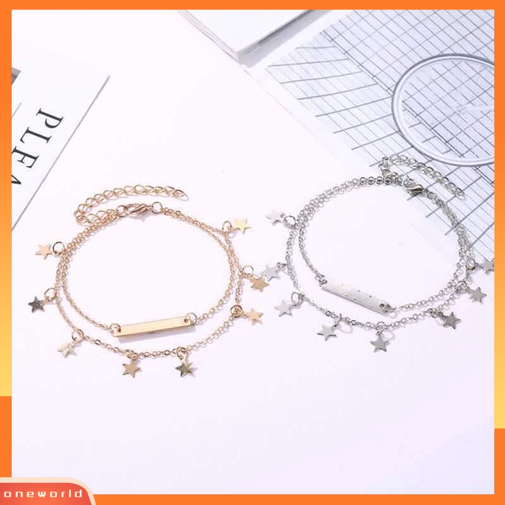 [WOD] 2pcs Ladies Star Anklet Geometris Simple Adjustable Memakai Alloy Gelang Kaki Pantai Berlapis Ganda Untuk Liburan