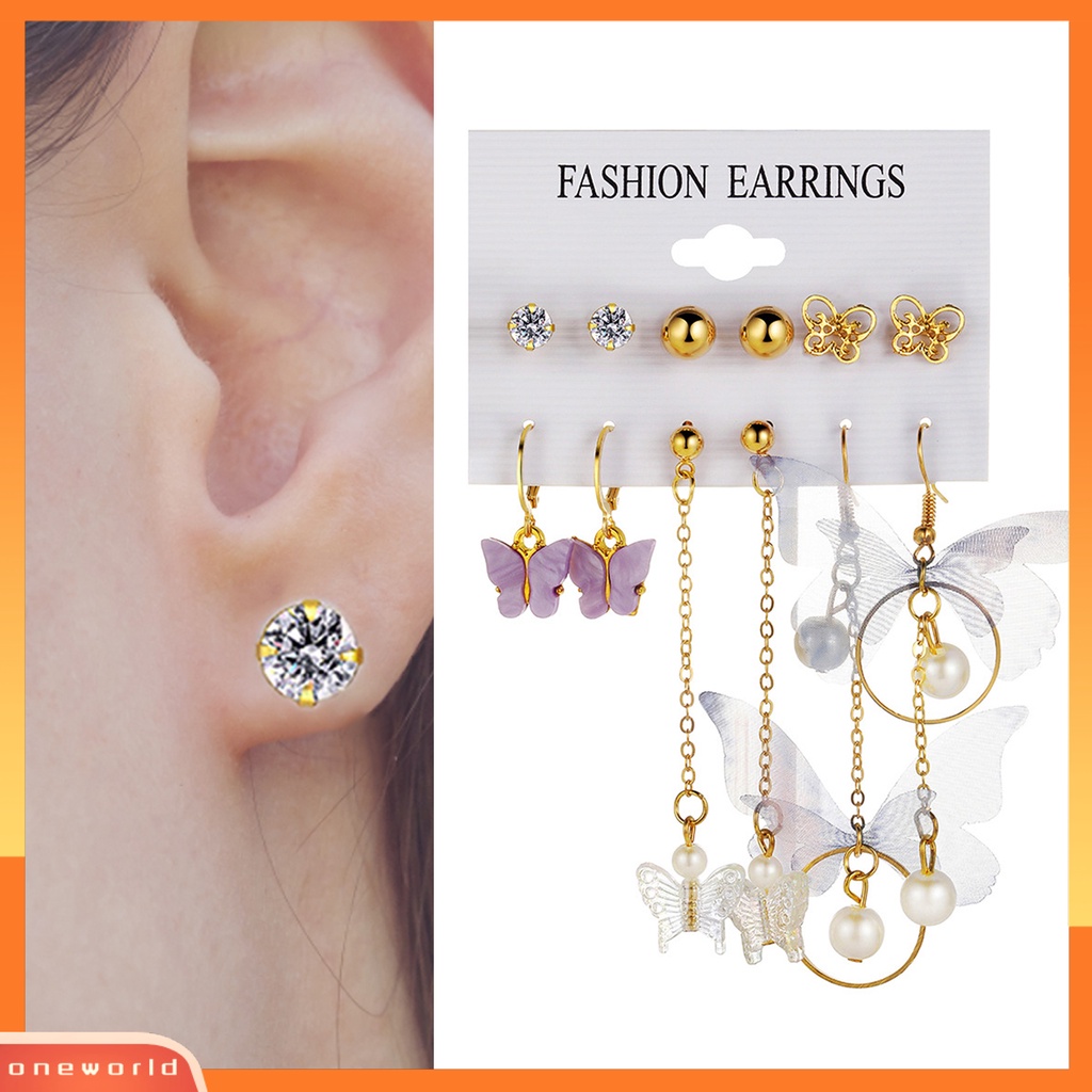 [WOD] 6pasang Anting Menjuntai Rumbai Panjang Berlian Imitasi Mengkilap Asimetris Kilau Terang Semua Pertandingan Dekorasi Hadiah Wanita Kupu-Kupu Mutiara Imitasi Pendant Earrings Ear Studs Untuk Perjamuan