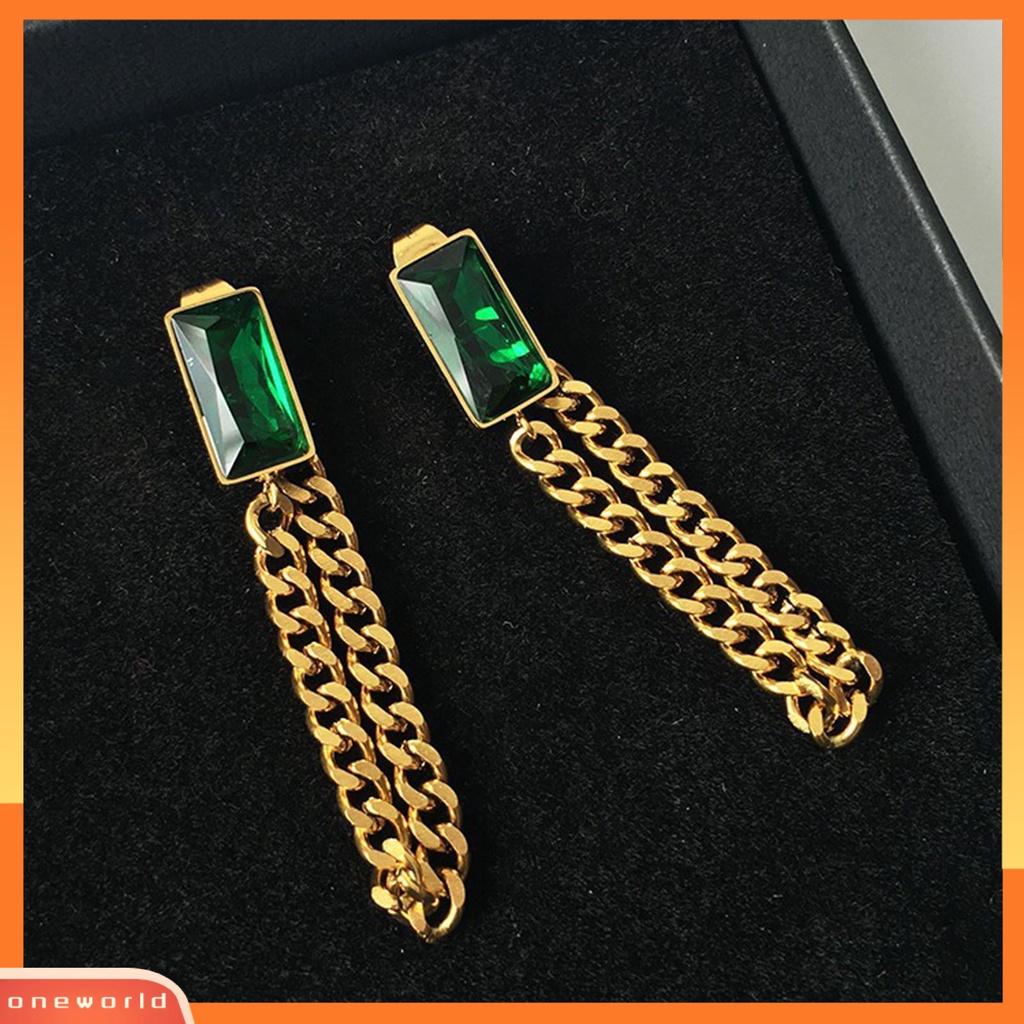[WOD] Wanita Anting Dirantai Persegi Cubic Zirconia Perhiasan Vintage Electroplating Kalung Anting Gelang Untuk T Show Gown