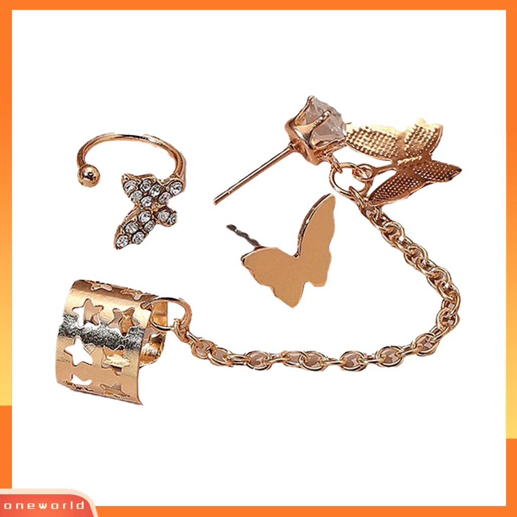 [WOD] Anting Wanita Bentuk Kupu-Kupu Rantai Perhiasan Berlian Imitasi Dekorasi Ear Cuff Stud Earrings Untuk Pakaian Sehari-Hari
