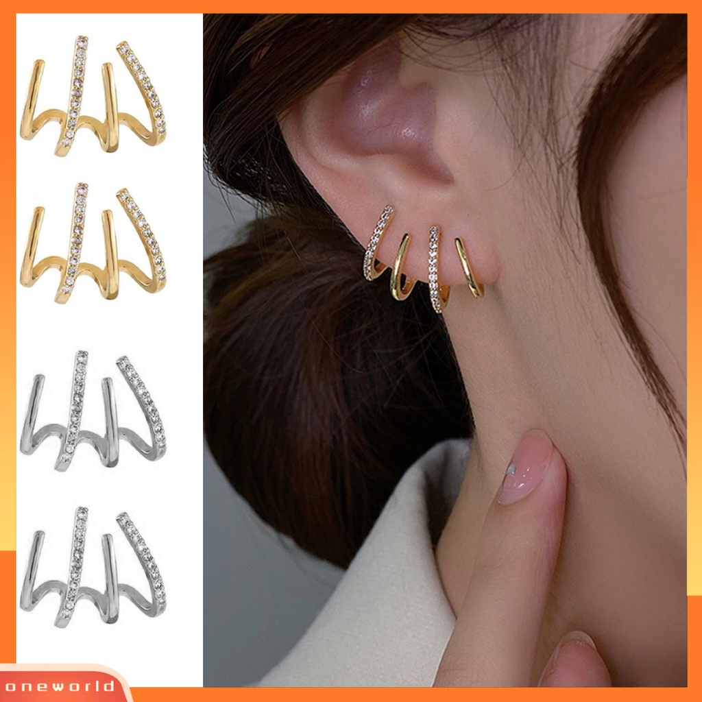 [WOD] 1pasang Anting Tusuk Empat Cakar Baris Berlian Imitasi Perhiasan Fashion Penampilan Gaya Korea Stud Telinga Manset Untuk Pakaian Sehari-Hari