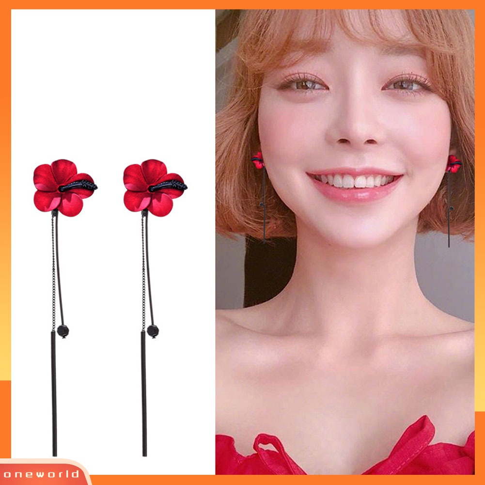 [WOD] Fashion Wanita Bunga Panjang Rumbai Rantai Liontin Drop Menjuntai Stud Earrings Perhiasan