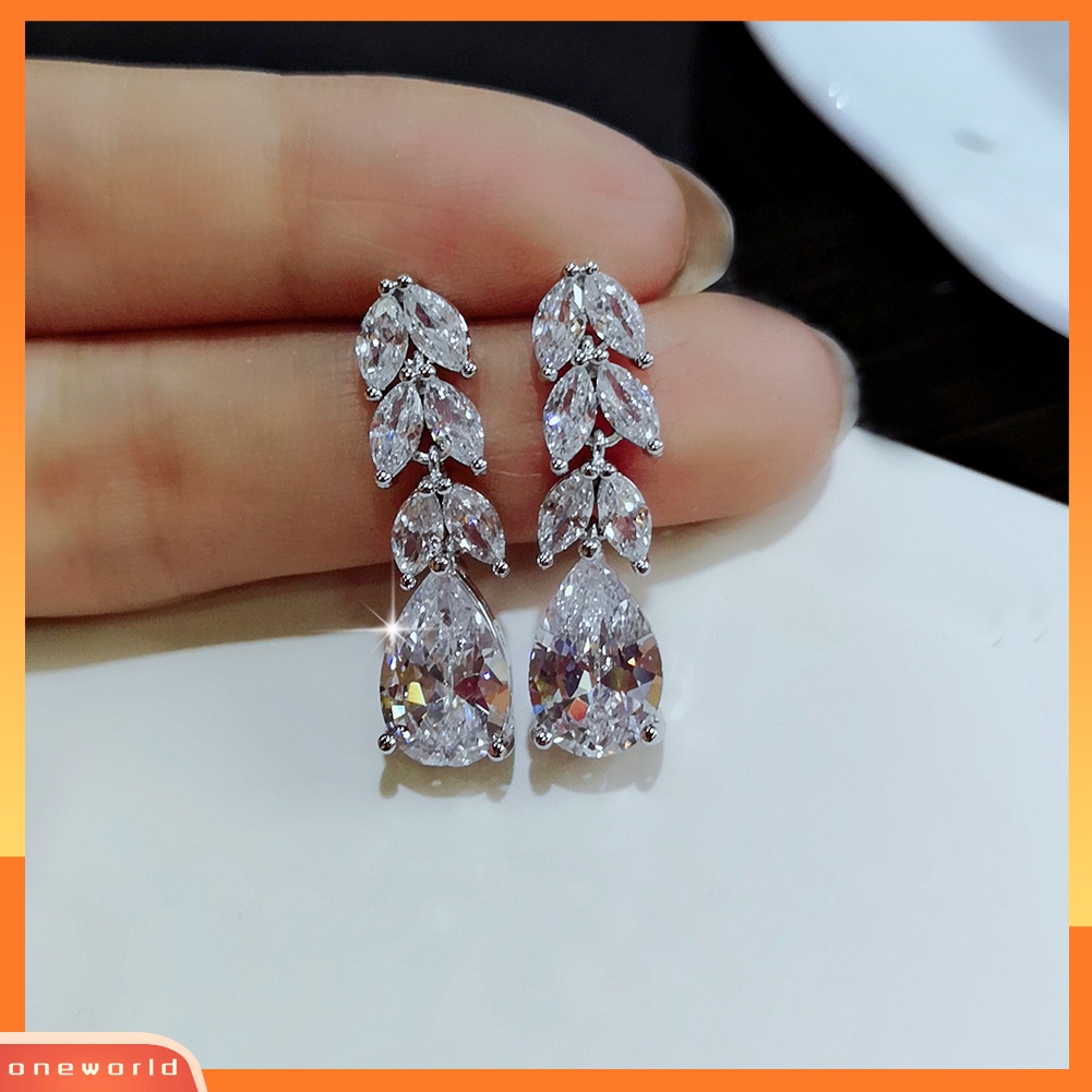 [WOD] Wanita Fashion Pesta Daun Bentuk Tetesan Air Cubic Zirconia Pendant Stud Earrings