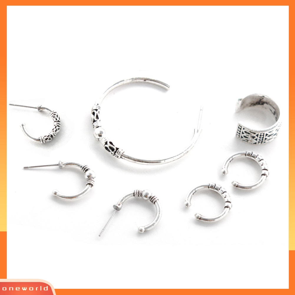 [WOD] 7pcs Boho Wanita Retro Manik-Manik Ukir Bentuk C Alloy Hoop Earrings Set Perhiasan