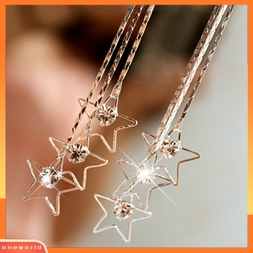 [WOD] Wanita Pentacle Berlian Imitasi Drop 3lapisan Rantai Jumbai Panjang Menjuntai Linear Earrings