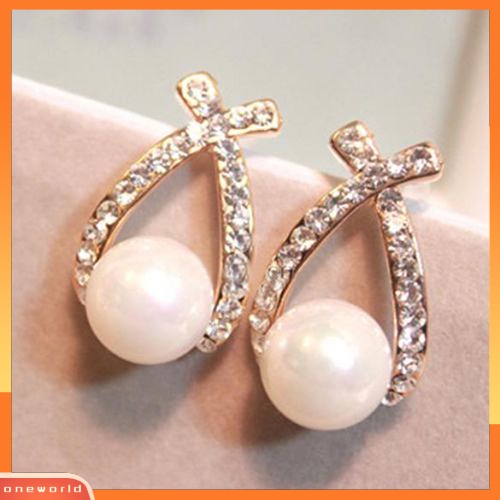 [WOD] Wanita Mutiara Imitasi Ear Studs Earrings Cross Berlian Imitasi Hadiah Perhiasan Pernikahan