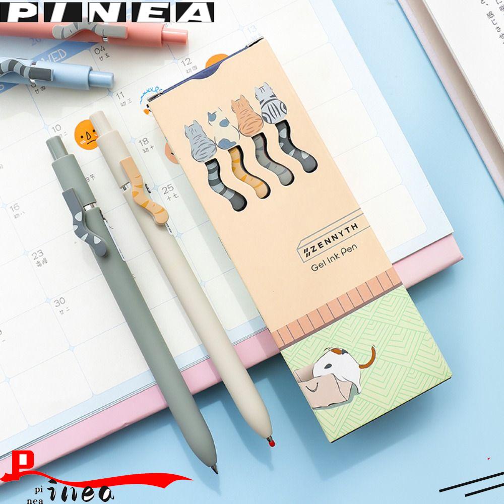 Nanas 4PCS /Set Gel Pulpen Kreatif Alat Tulis Kartun Menulis Tinta Hitam Ekor Kucing Tekan Tipe Signature Pen