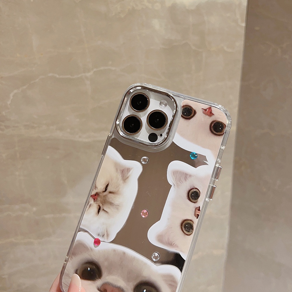 Kucing Hewan Peliharaan Lucu Menonton Anda Ponsel Cermin Makeup Case Electroplated Camera Frame Cover Dengan Berlian Imitasi Stiker Untuk Iphone/11 12 13 14 PRO MAX