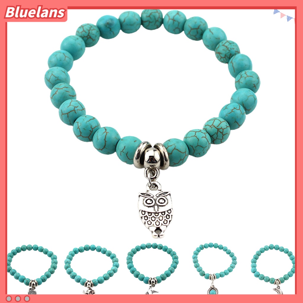 [BLS] Wanita Gelang Faux Turquoises Owl Perhiasan Manik-Manik Tahan Lama Bangle Perhiasan Hadiah