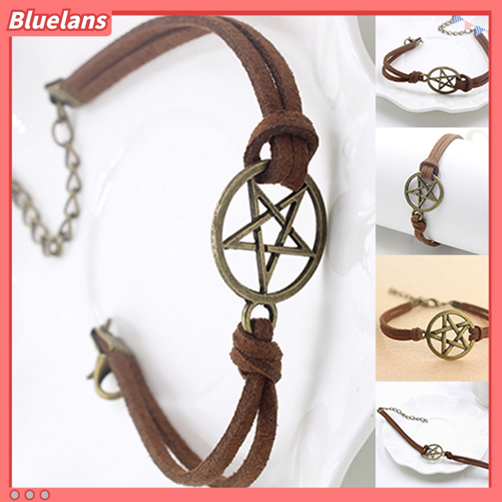 [BLS] Gelang Tali Kulit Imitasi Berlapis Lingkaran Bintang Berongga Wanita Vintage Misteri