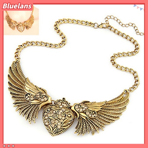 [BLS] Fashion Wanita Berlian Imitasi Jantung Sayap Malaikat Pernyataan Kalung Perhiasan
