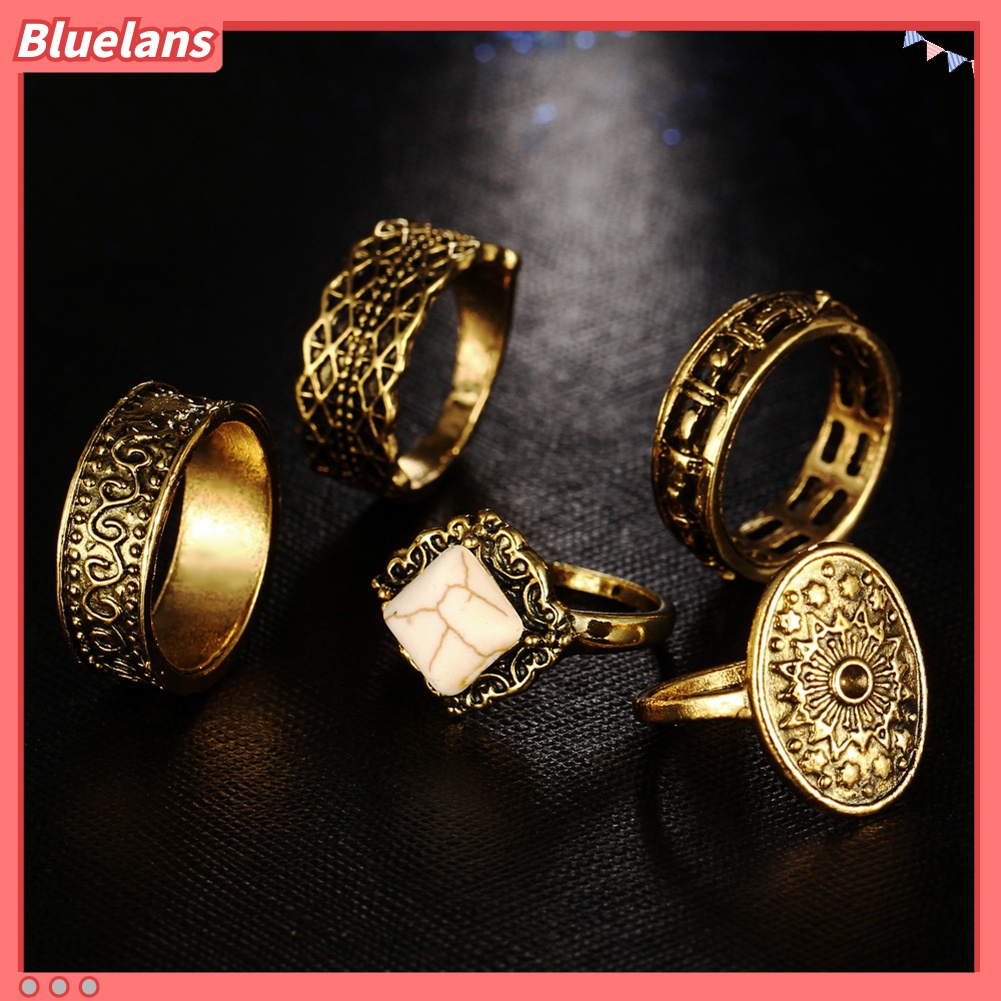 [BLS] 5pcs /Set Vintage Wanita Buku Jari Midi Ujung Tumpuk Cincin Perhiasan Hadiah Golden