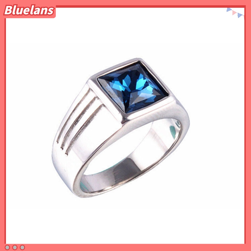 [BLS] Pria Indah Biru Persegi Berlian Imitasi Lebar Pernikahan Band Jari Cincin Ukuran 7-11